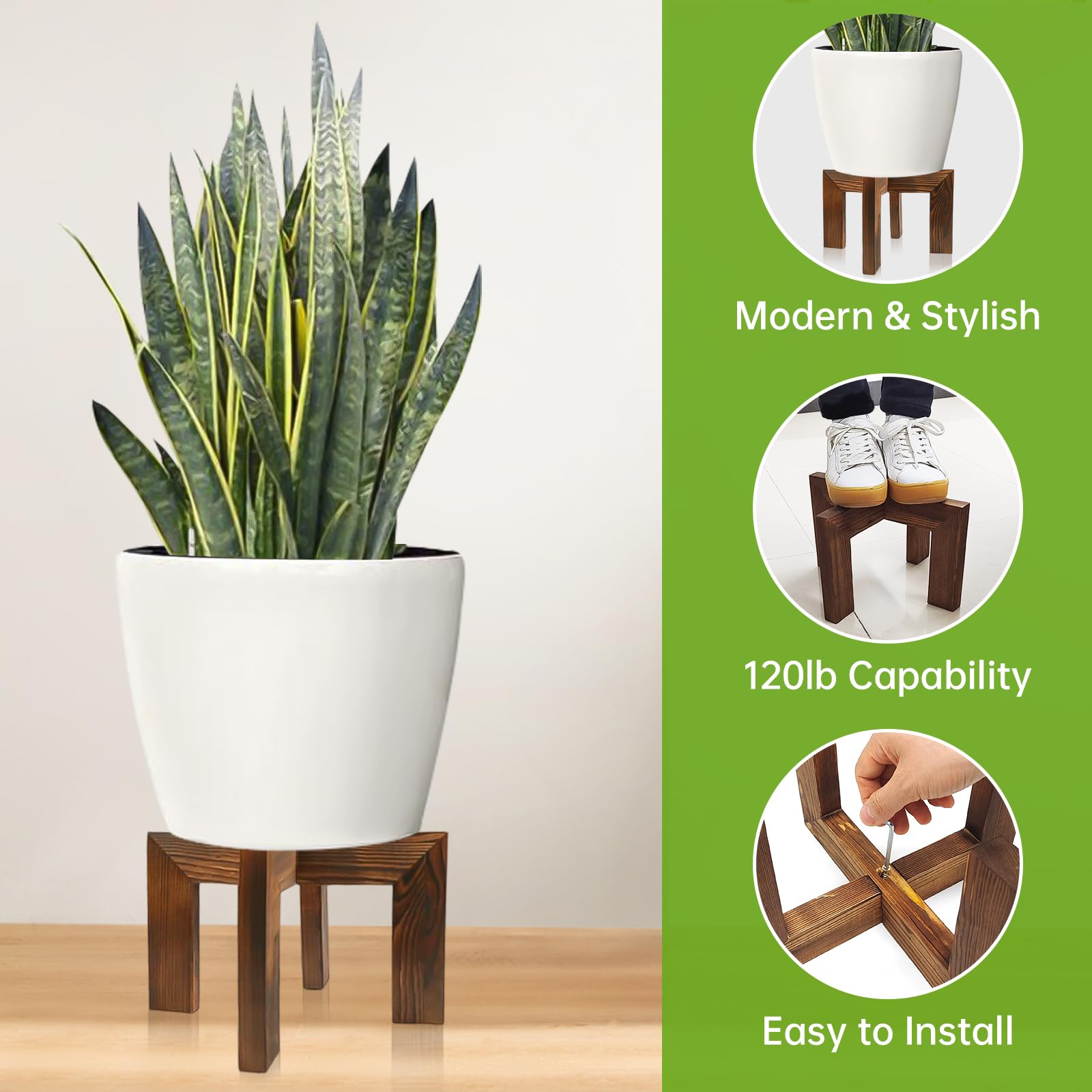 hismocal wood plant stand in a modern living room