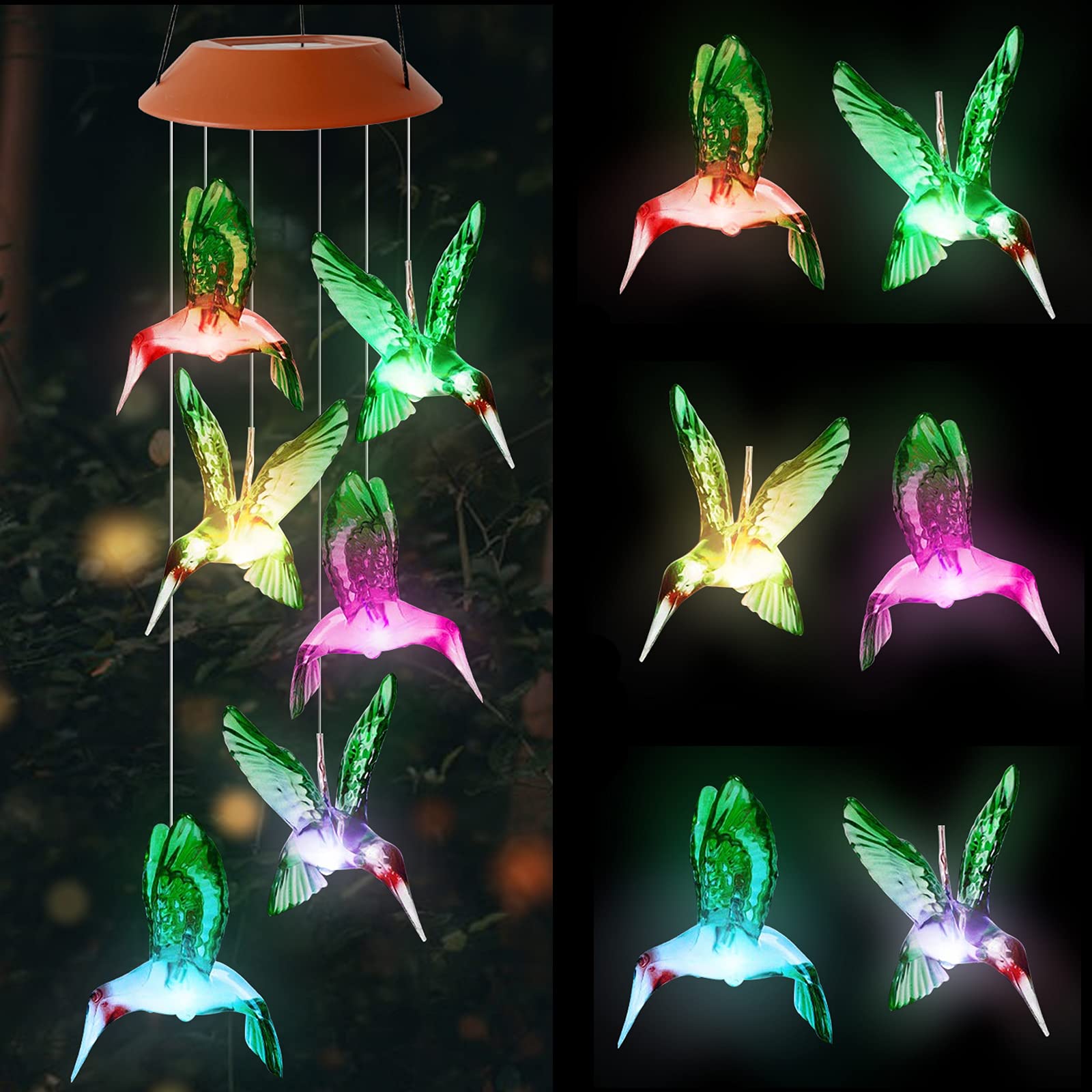HiSolar Hummingbird Solar Wind Chimes with colorful LED lights