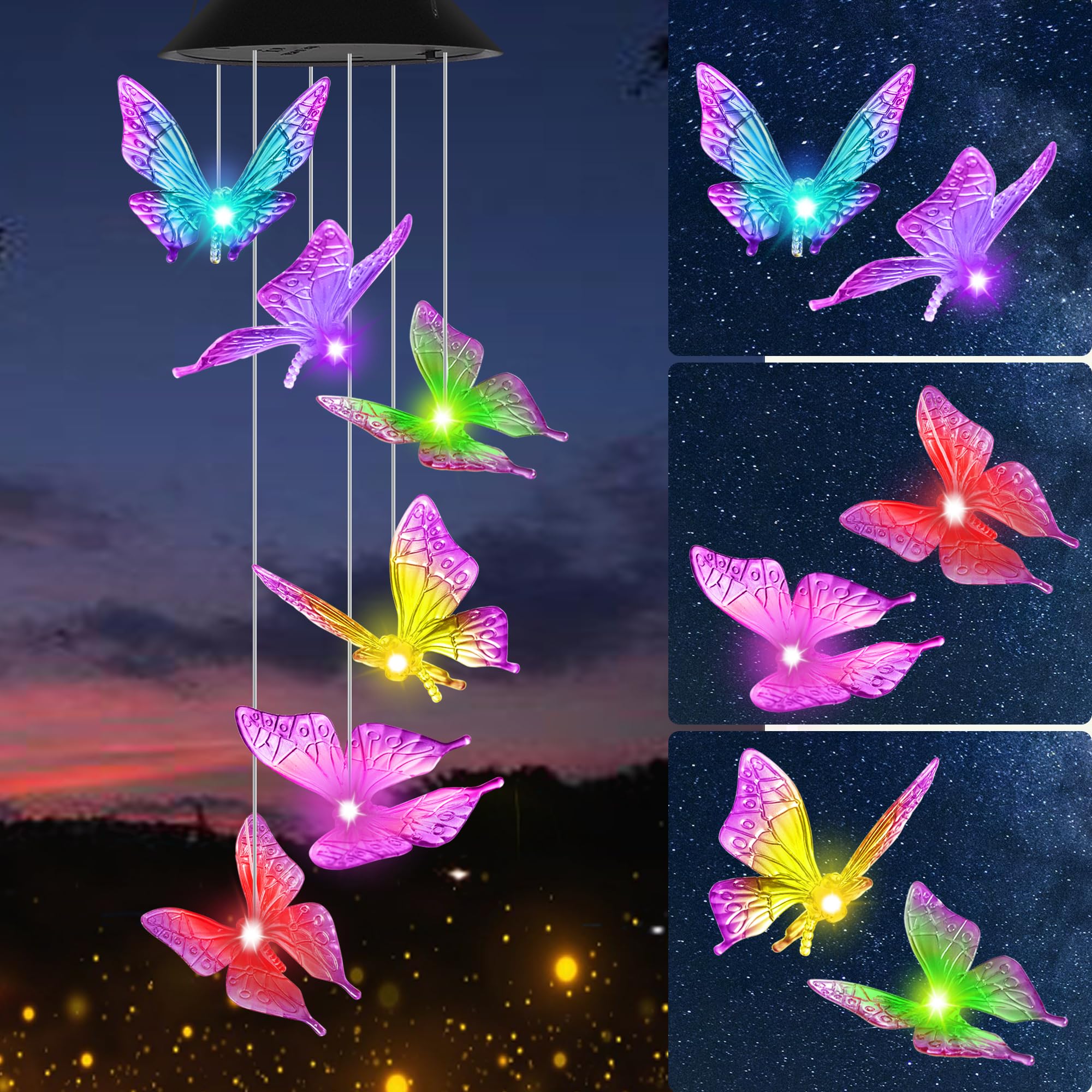 HiSolar Purple Butterfly Solar Wind Chimes front view