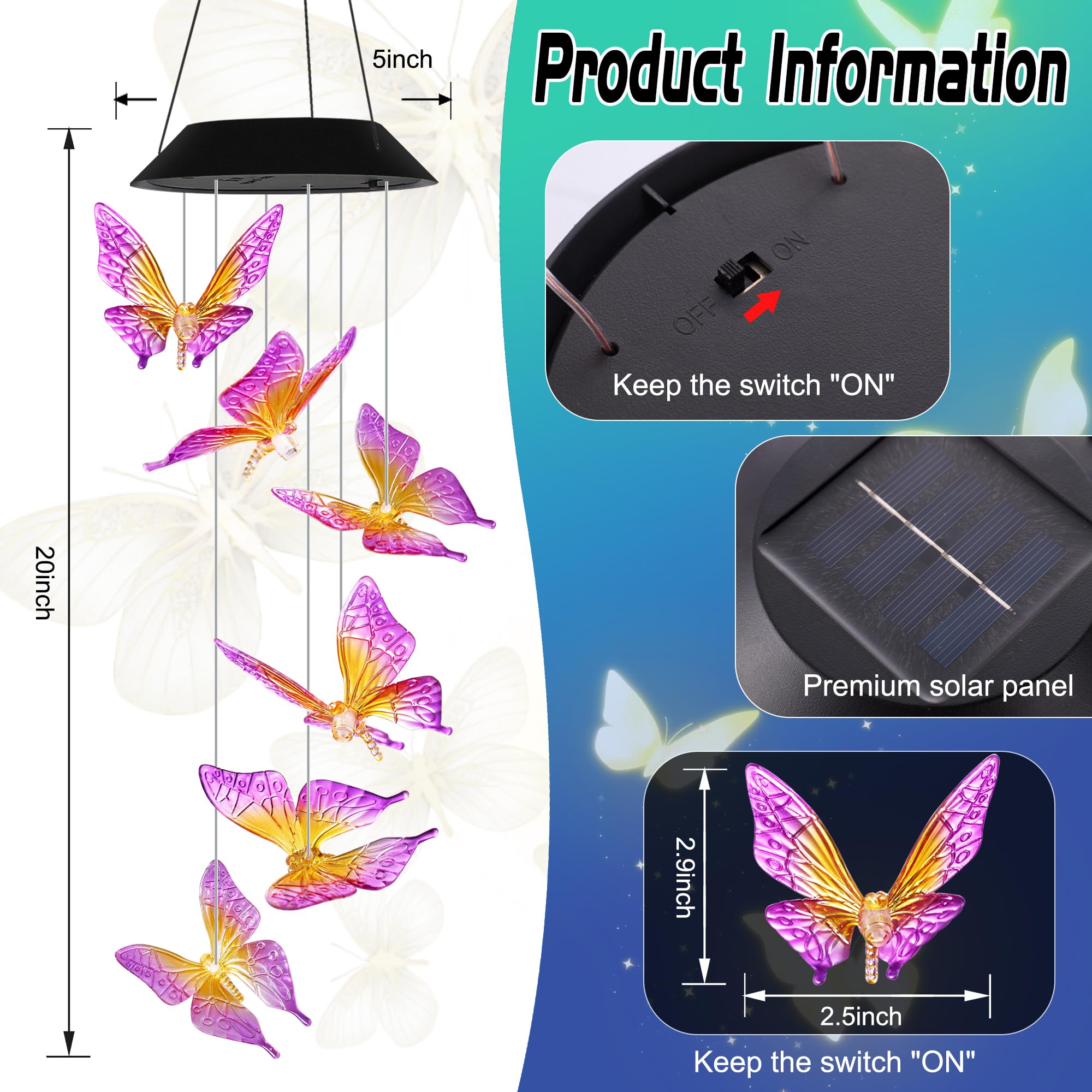 HiSolar Purple Butterfly Solar Wind Chimes packaged for gifting