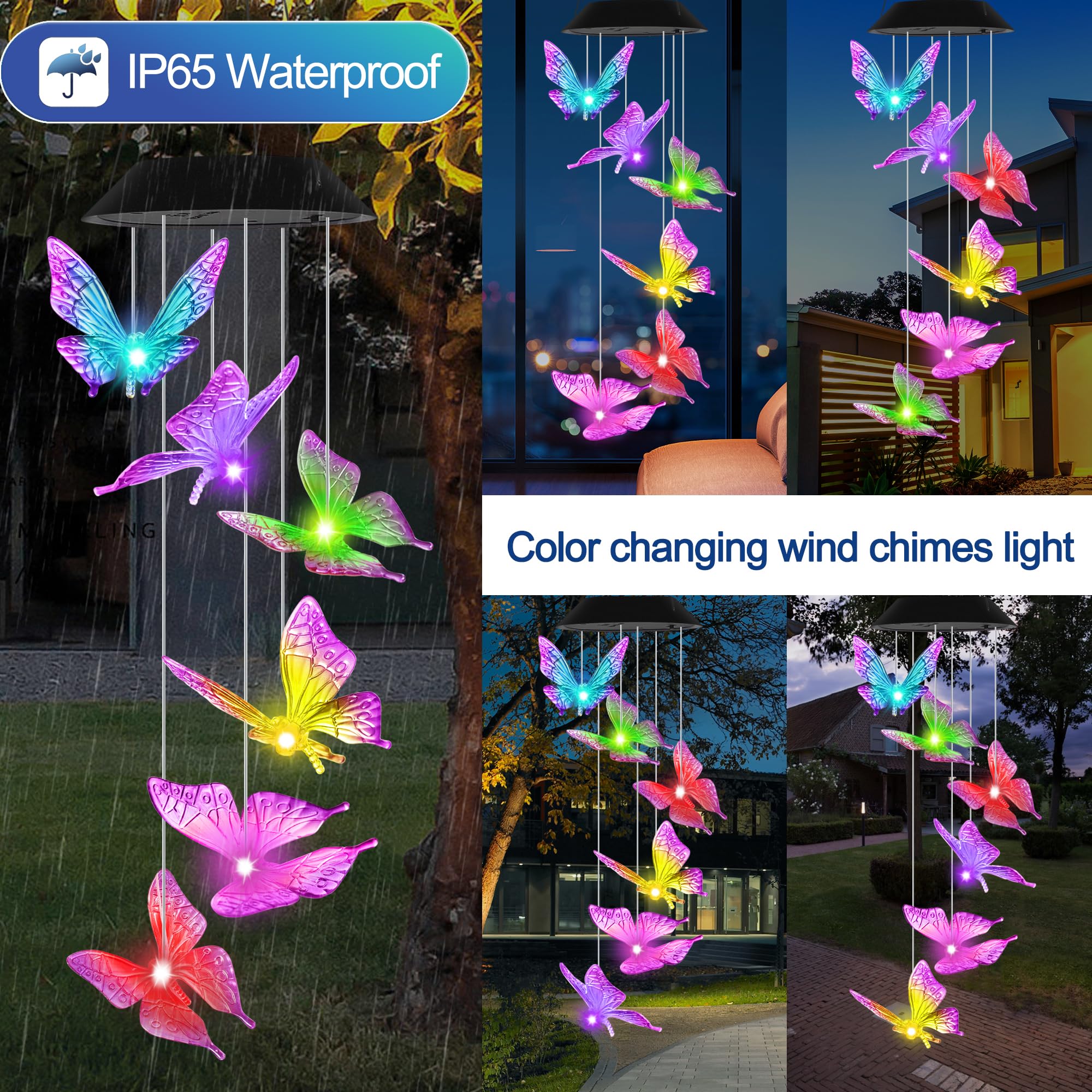 HiSolar Purple Butterfly Wind Chimes hanging in a garden