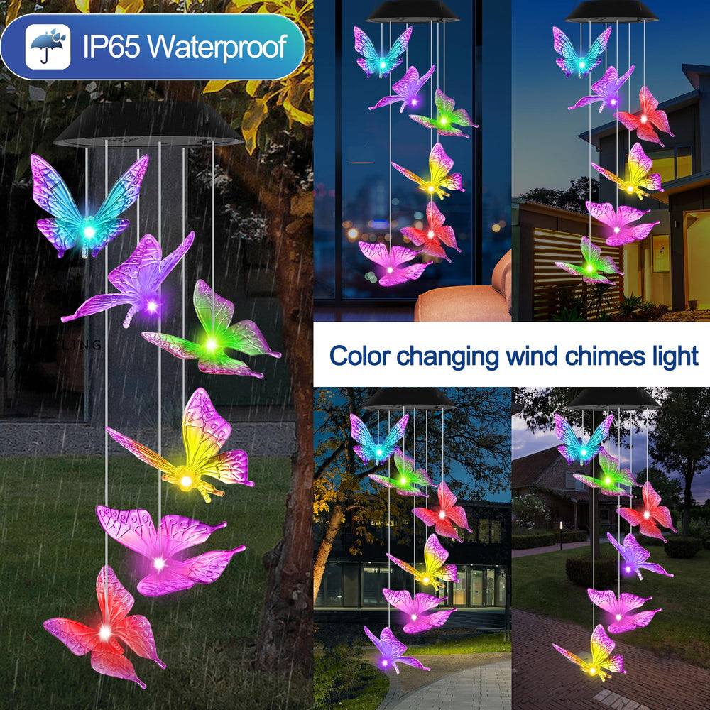 HiSolar Purple Butterfly Wind Chimes hanging in a garden