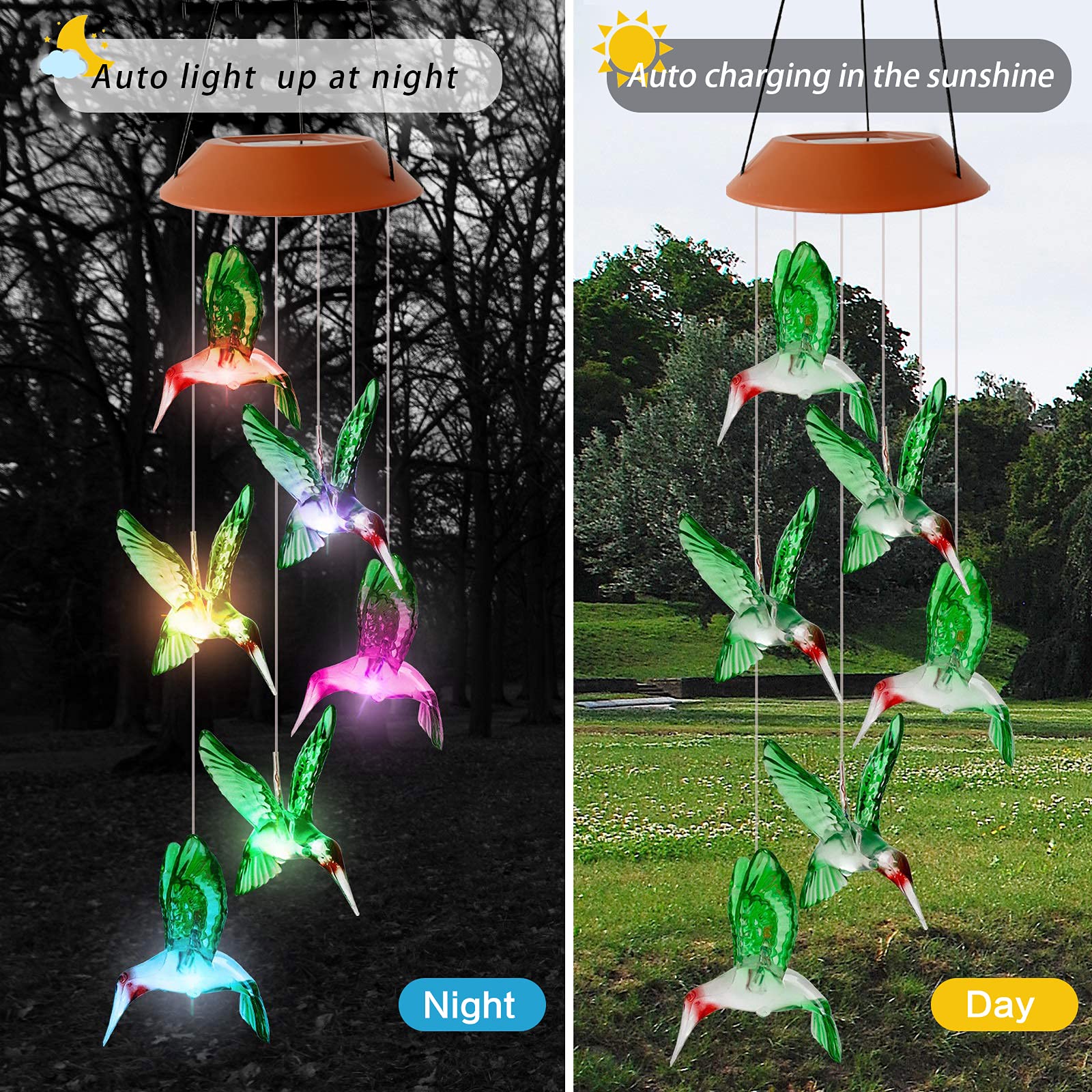 HiSolar solar wind chimes in vibrant colors hanging outdoors