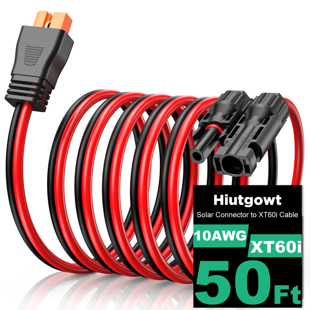 Hiutgowt XT60i Solar Cable 50FT front view, Red & Black