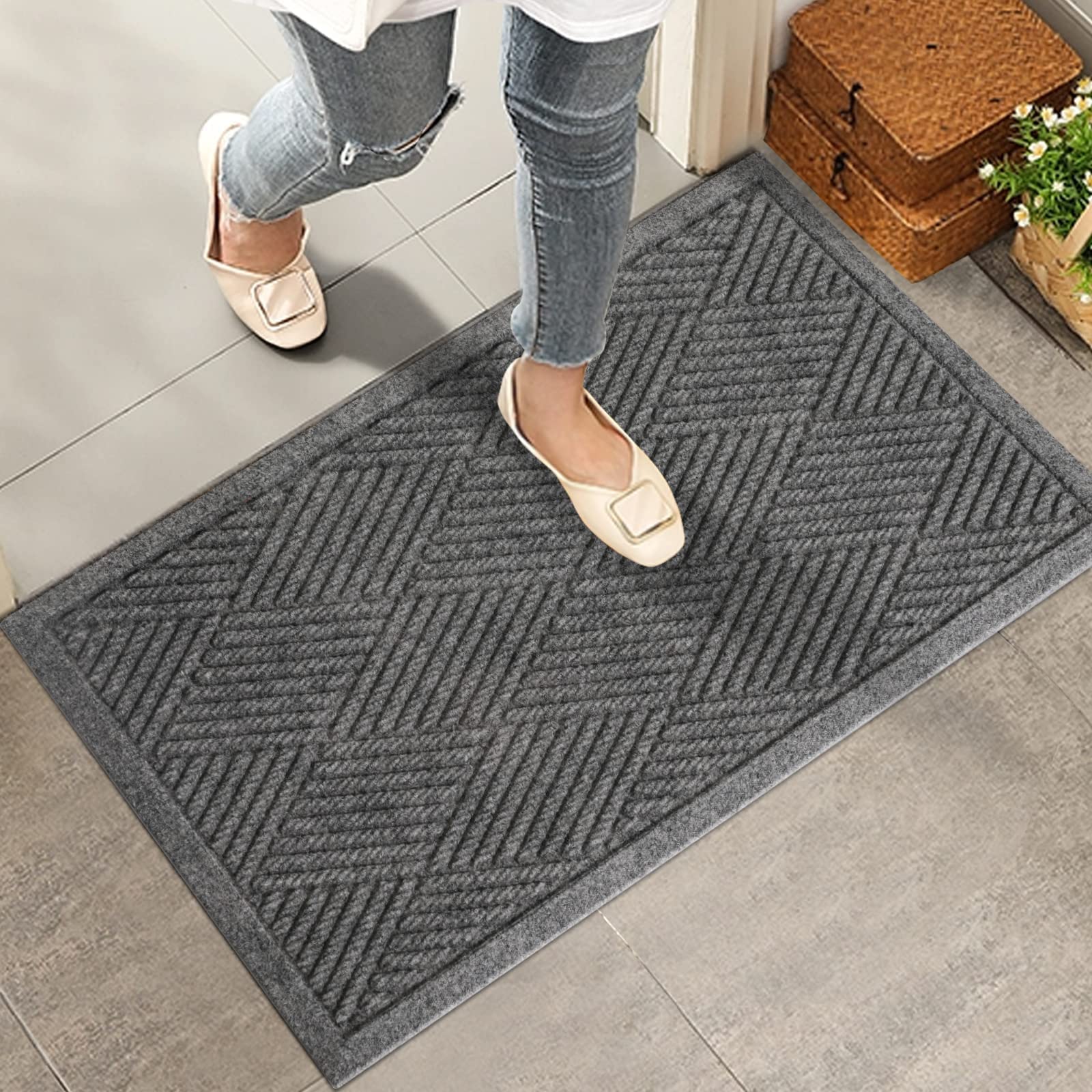 HIYARD Sturdy Front Door Mat 30x17 grey front view