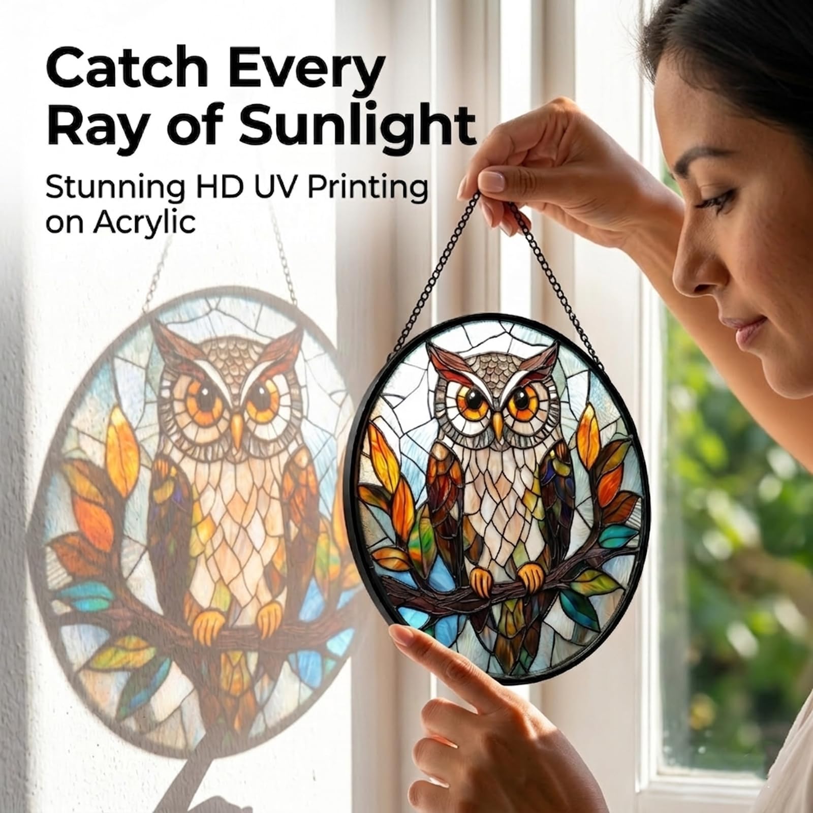HKDGOKA Owl Suncatcher displayed in a sunny window