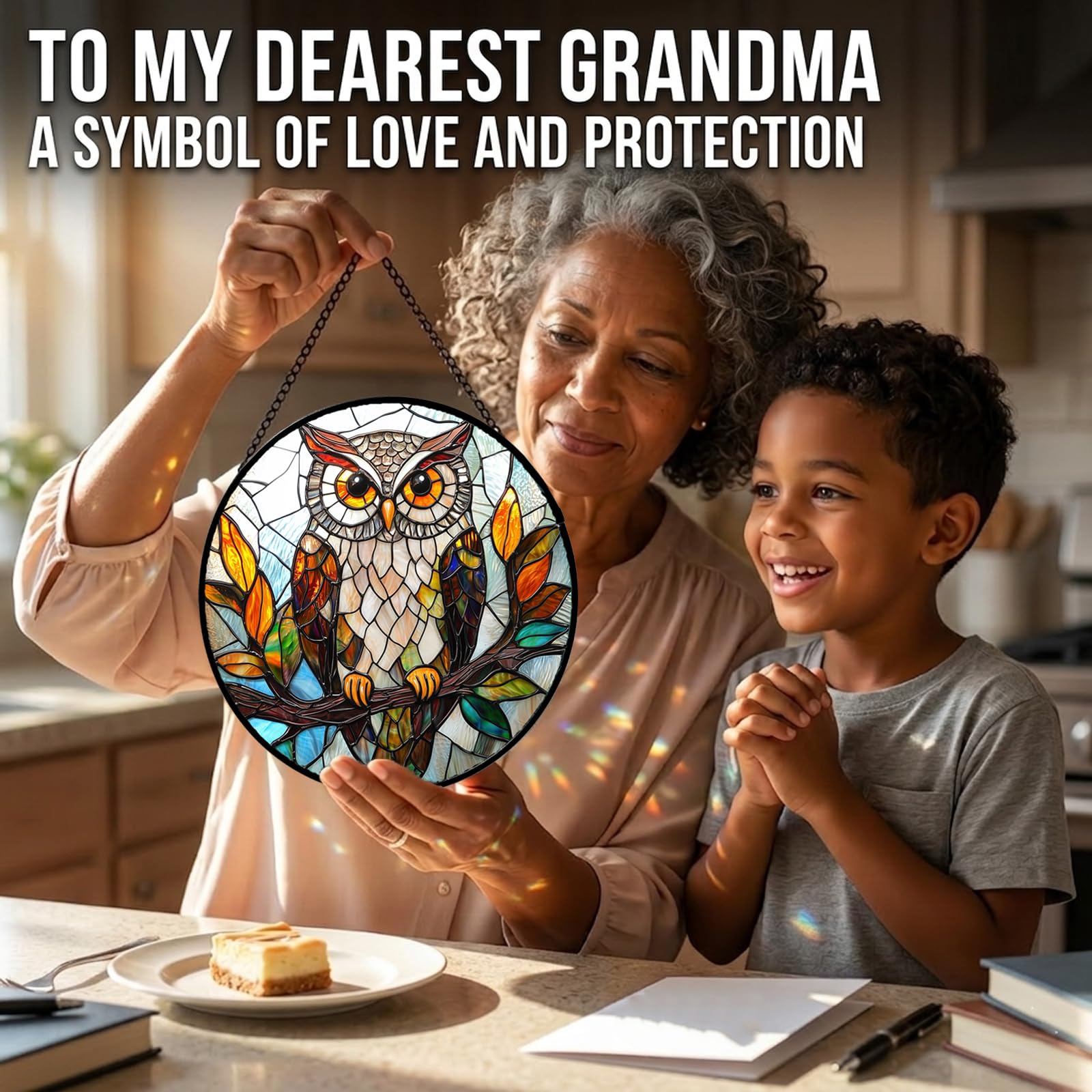 HKDGOKA Owl Suncatcher with sunlight shining through