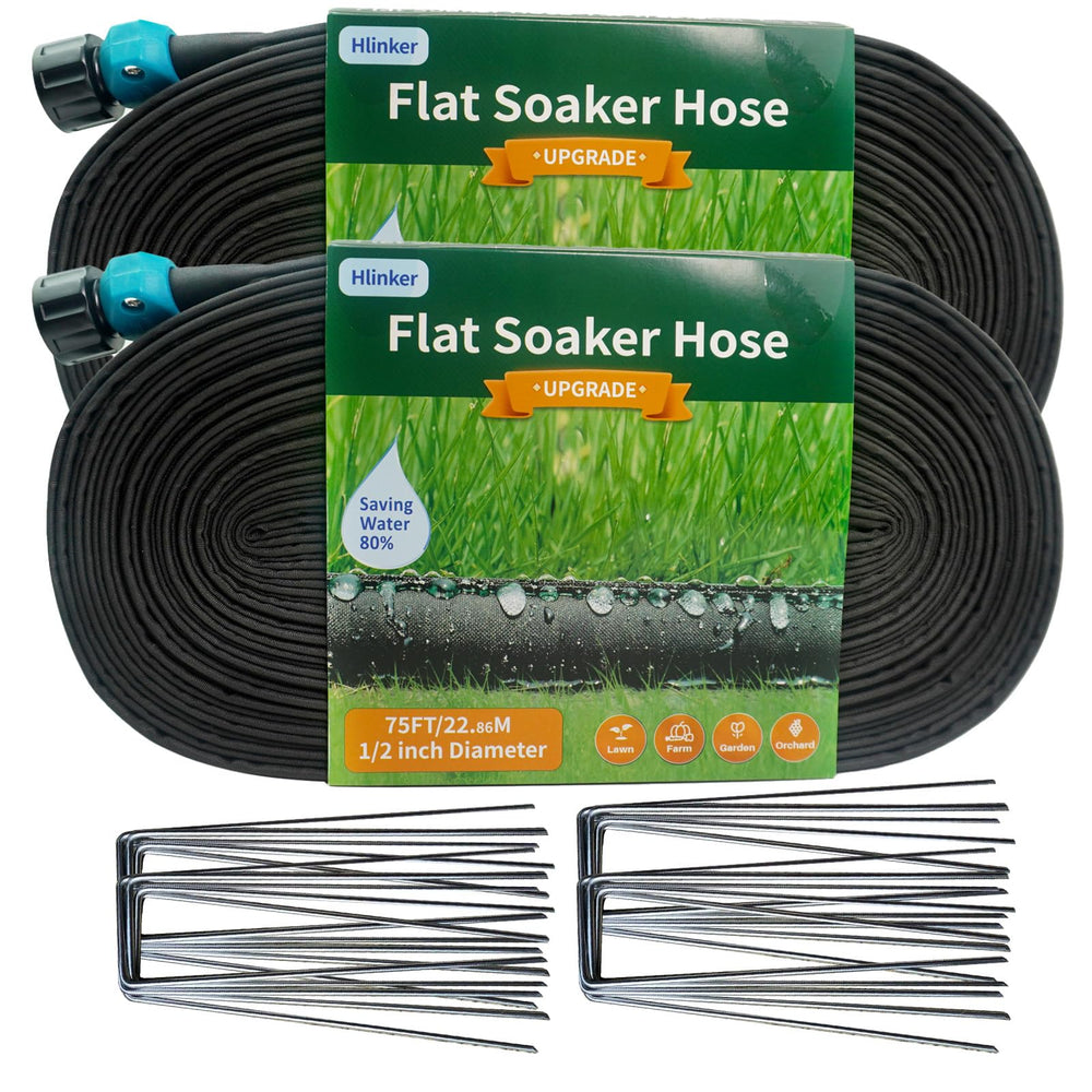 Hlinker 150 ft flat soaker hose front view with stakes