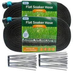 Hlinker 150 ft flat soaker hose front view with stakes