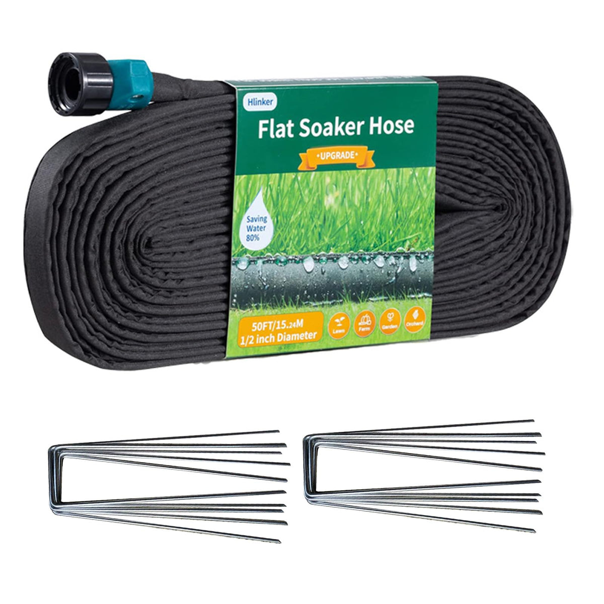 Hlinker 50 ft Flat Soaker Hose with stake on a garden bed