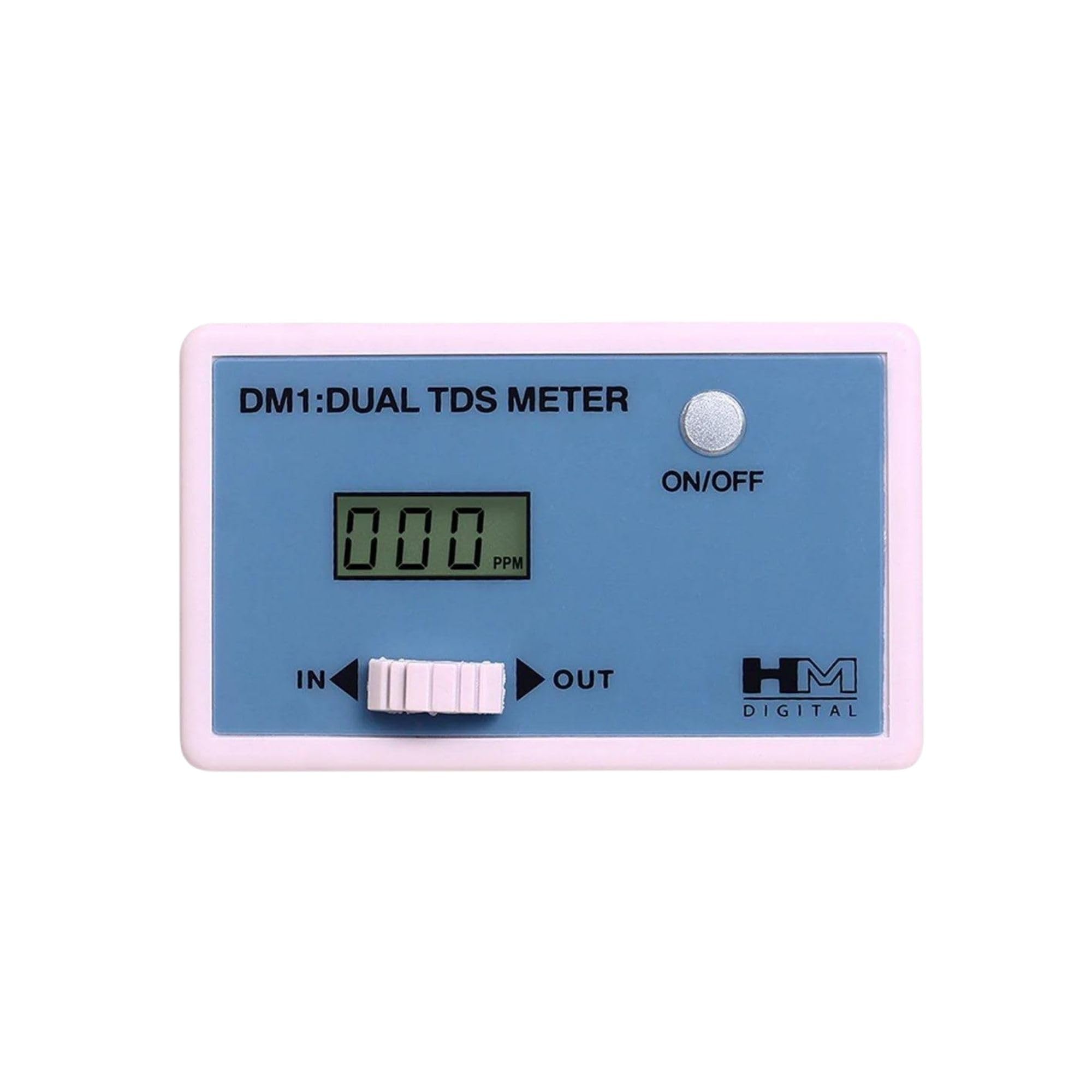 HM Digital DM-1 Dual TDS Monitor front view with blue and white design