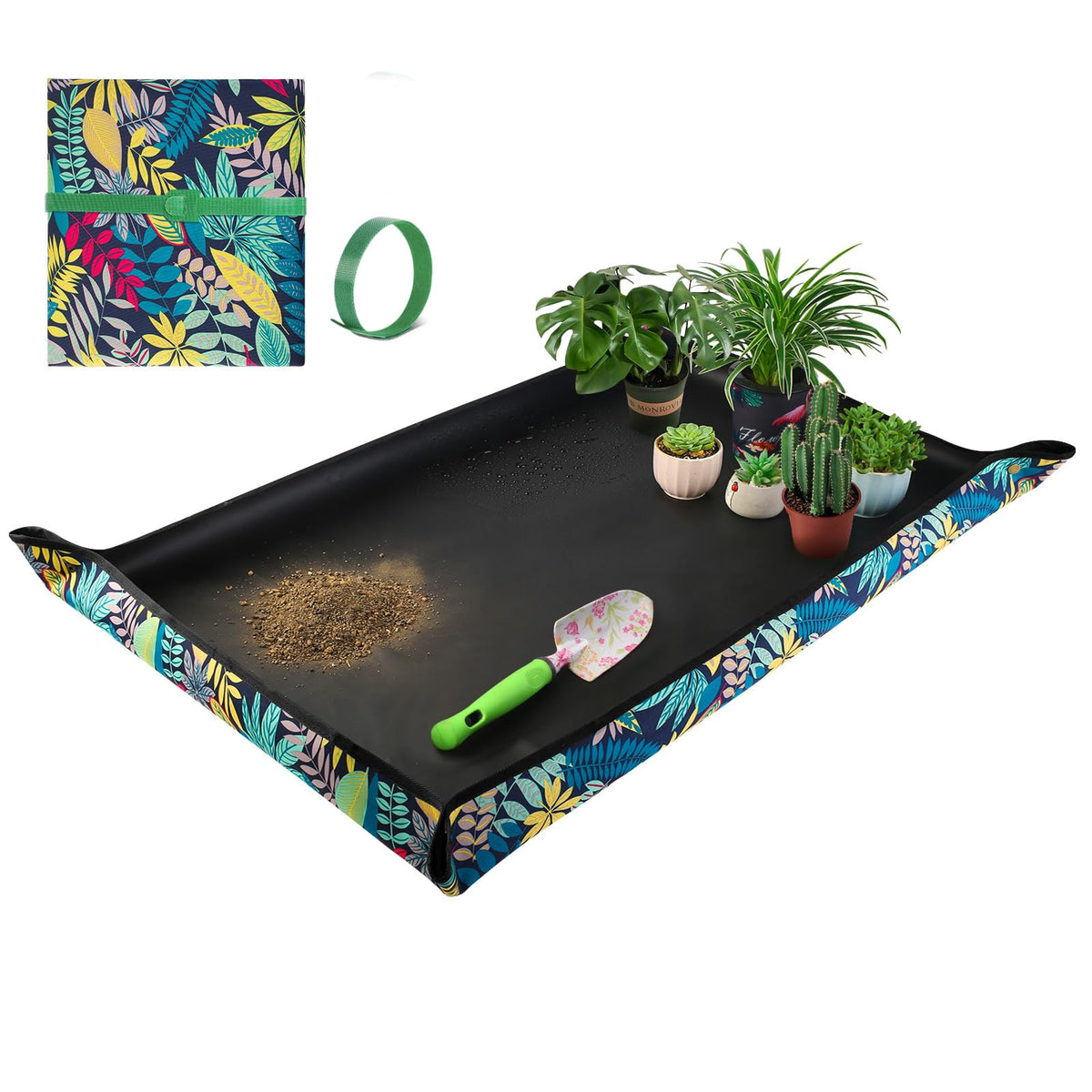 HNXTYAOB Extra Large Repotting Mat black leaf print front view