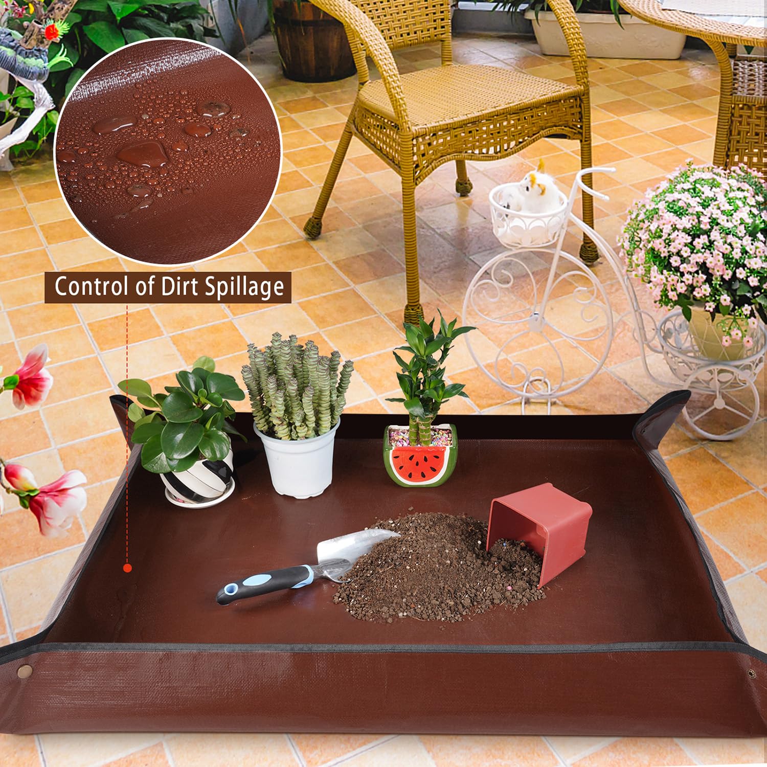 HNXTYAOB Potting Mat shown during indoor planting with plants and soil