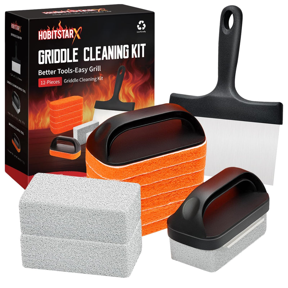 HOBITSTARX Griddle Cleaning Kit packaging with scraper and pads
