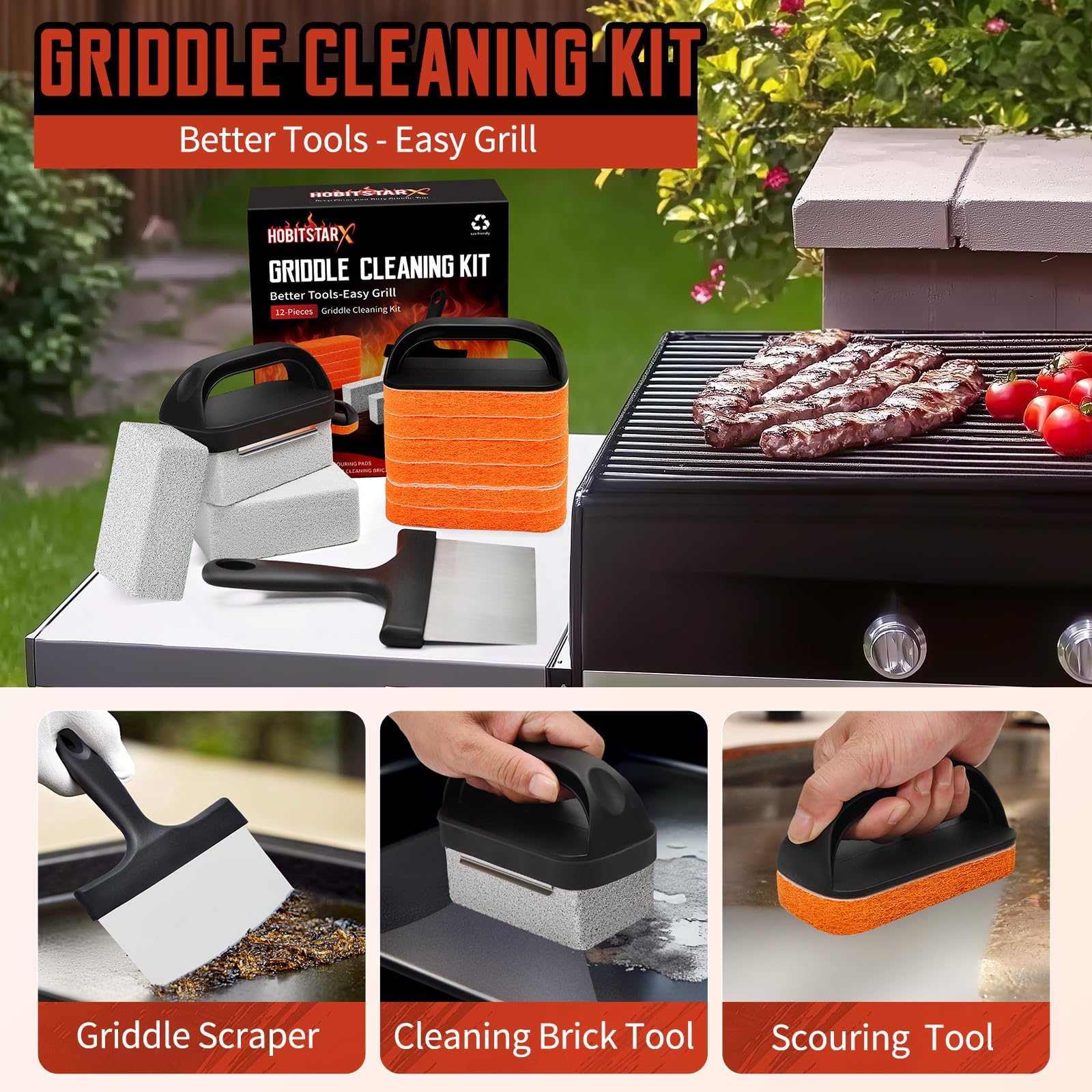 HOBITSTARX heavy-duty griddle scraper with ergonomic handle