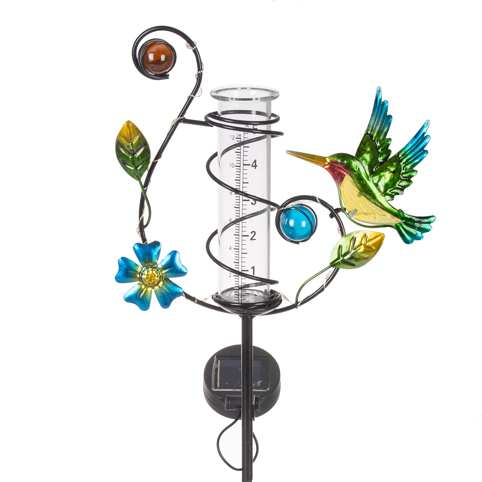 HOBYLUBY 35'' Tall Hummingbird Rain Gauge front view with solar panel