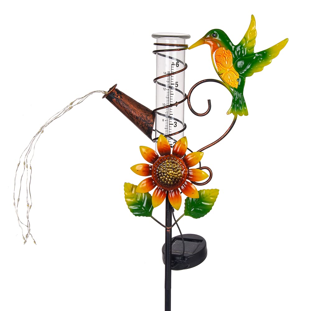 HOBYLUBY Solar Hummingbird Rain Gauge front view with glass tube