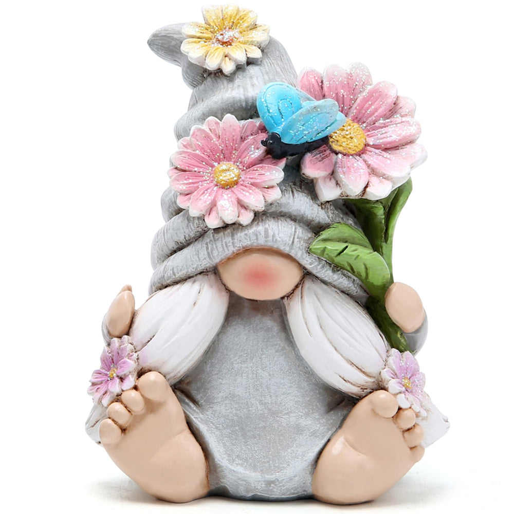 Hodao Spring Gnome Figurine, Grey Woman holding flowers, front view