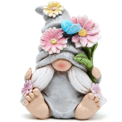 Hodao Spring Gnome Figurine, Grey Woman holding flowers, front view