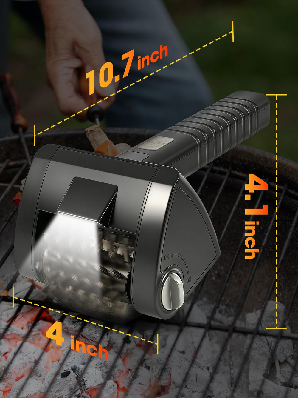 Hodeezaiiw Electric Grill Brush with LED light on dark grill
