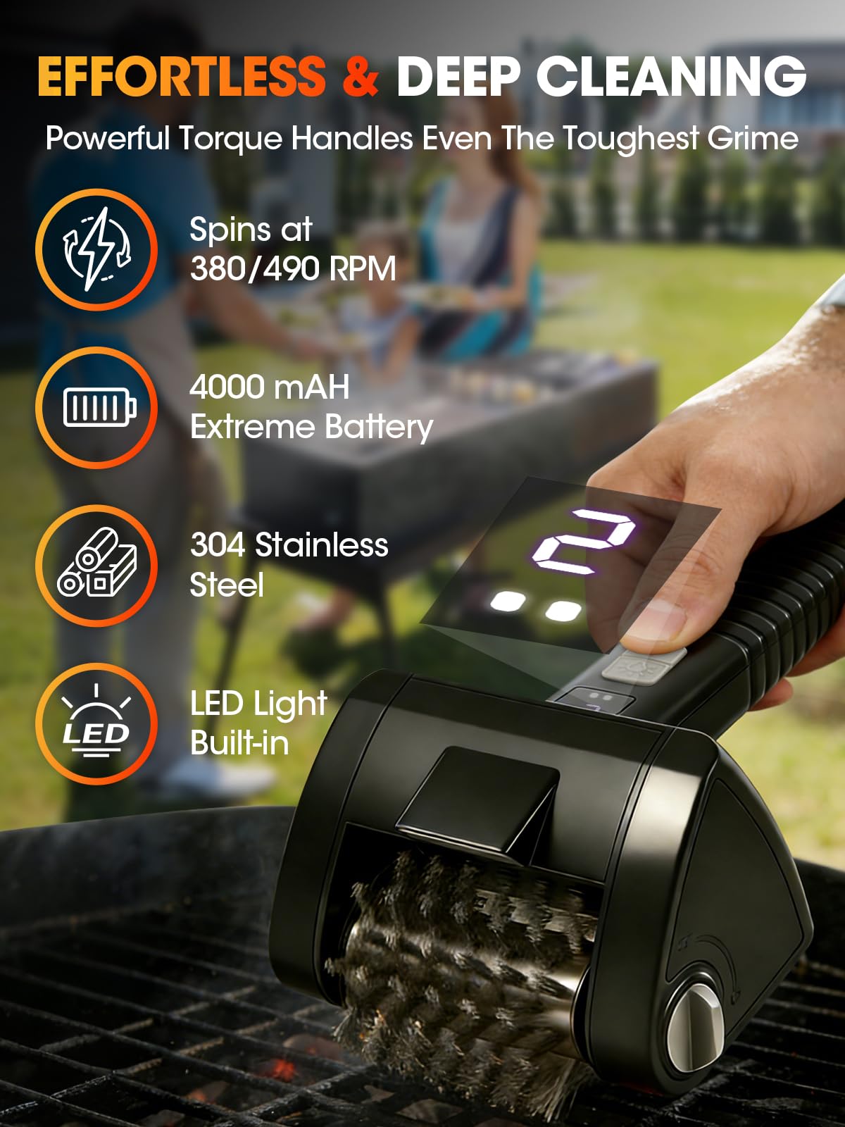 Hodeezaiiw Electric Grill Brush with splash guard in action