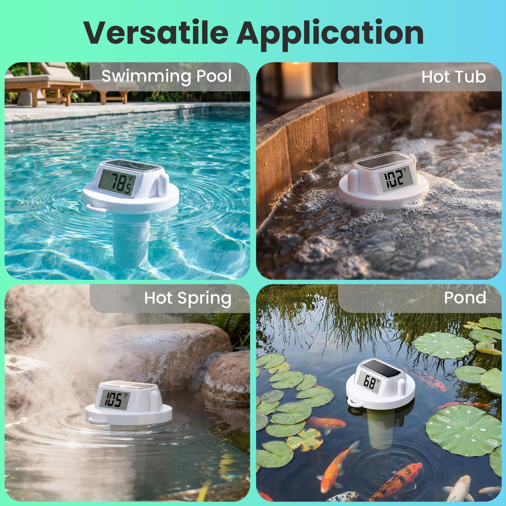 HODIK Floating Pool Thermometer displayed next to a hot tub