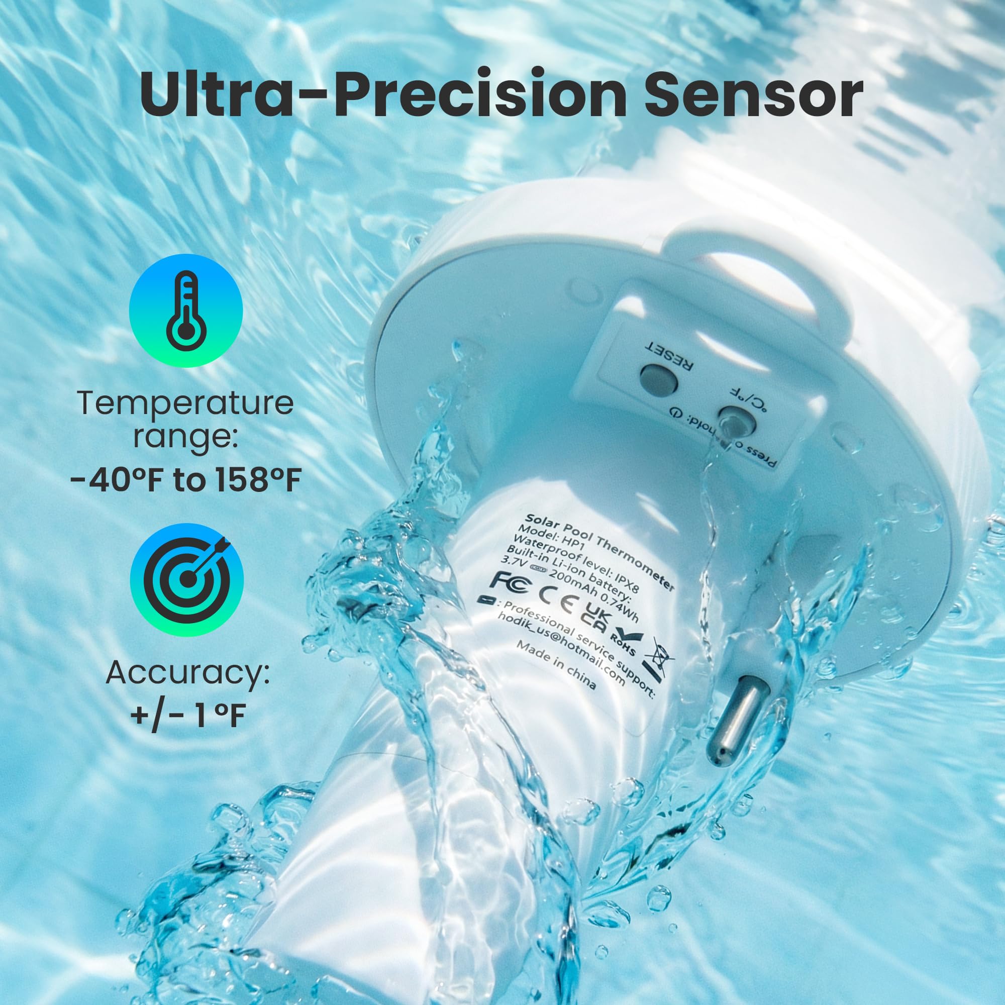 HODIK Floating Pool Thermometer in water demonstrating floating capability