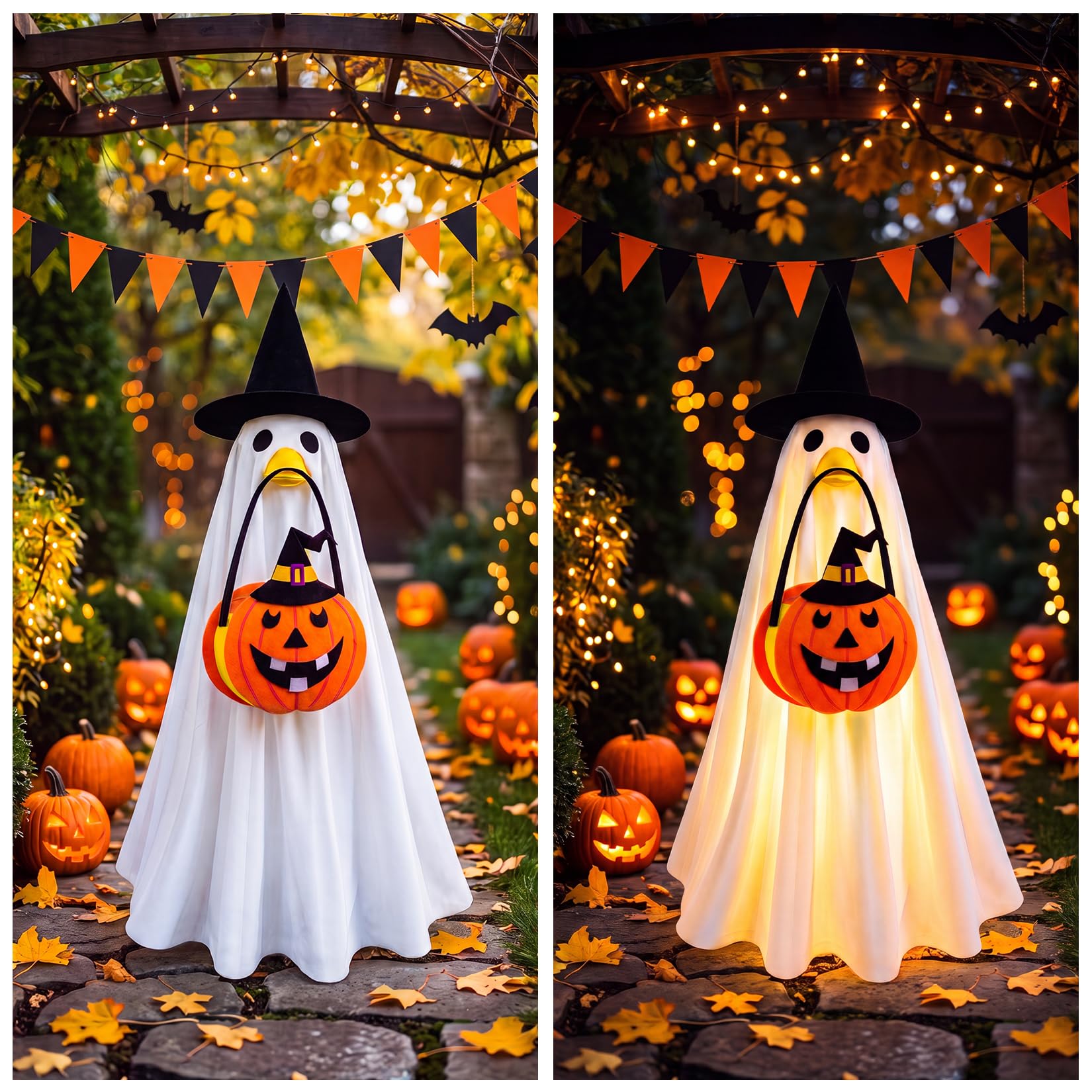 Hodola Halloween Goose Outfit displayed on a porch