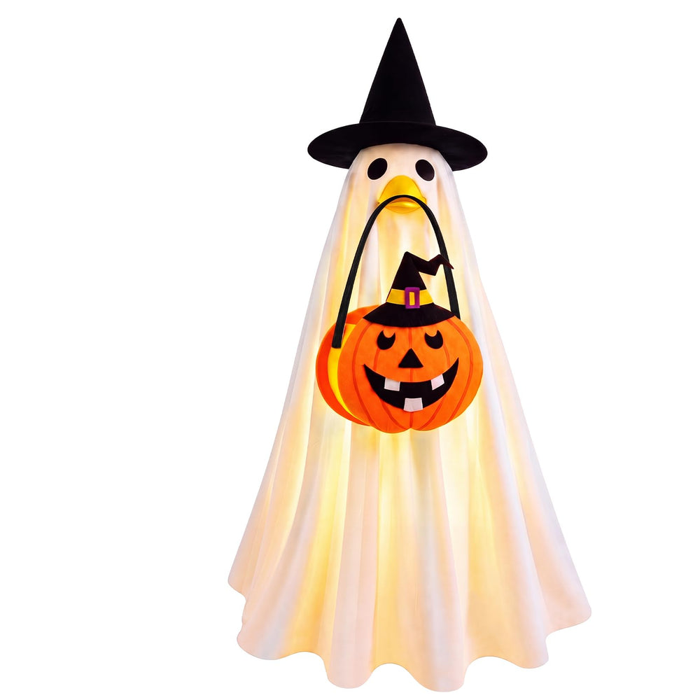 Hodola Halloween Lighted Porch Goose Outfit with ghost cape and witch hat