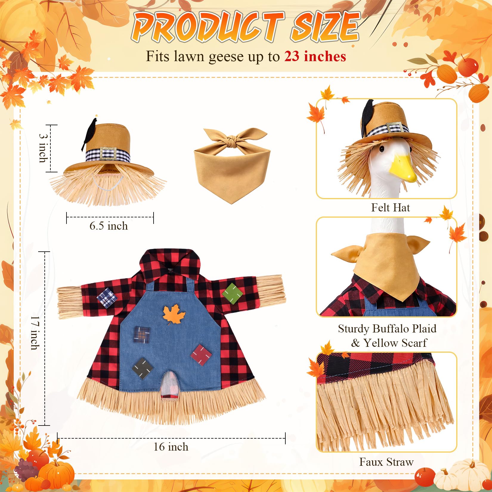 Hodola scarecrow outfit displayed on a 23-inch lawn goose in garden
