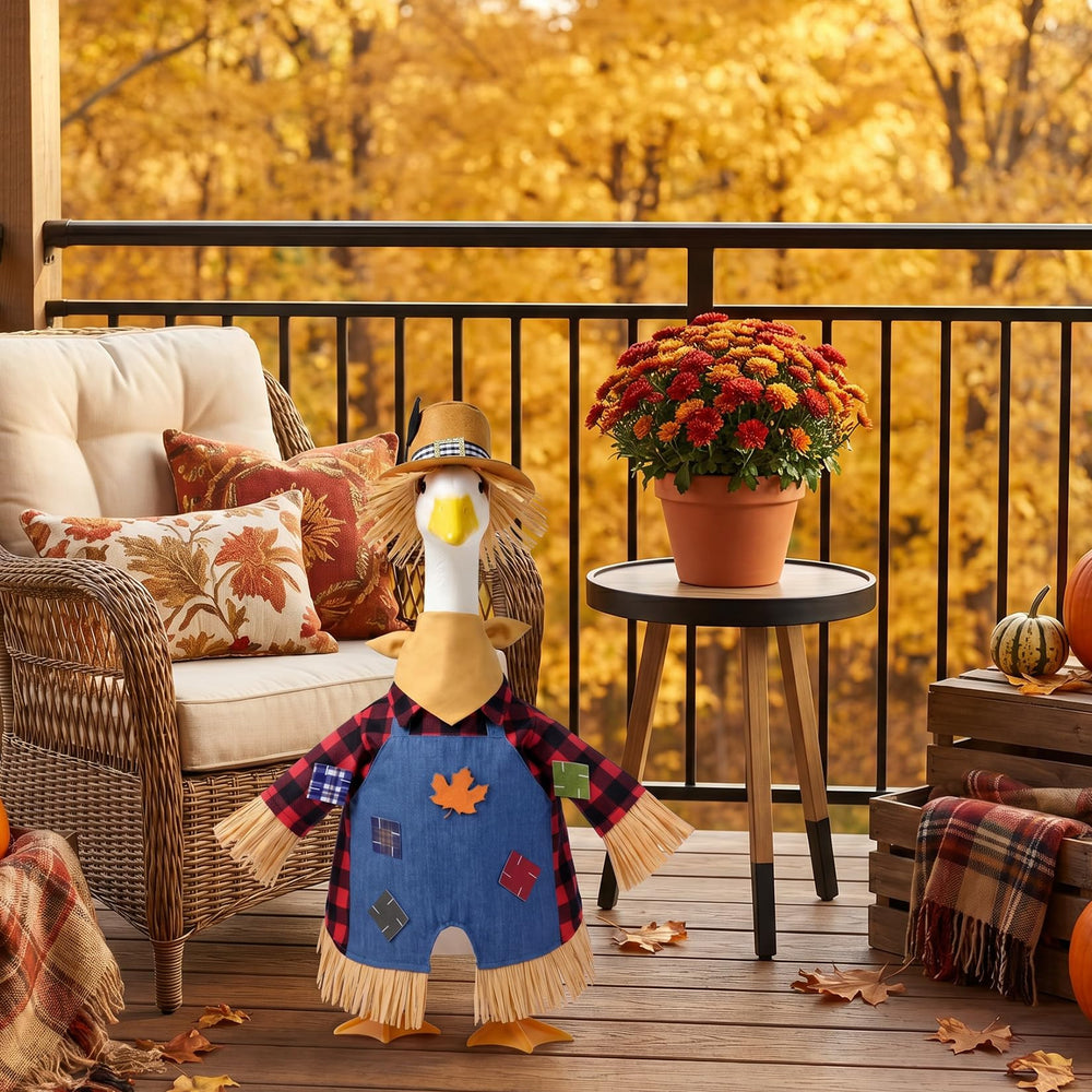 Hodola scarecrow outfit featuring stiff-brimmed straw hat and plaid shirt
