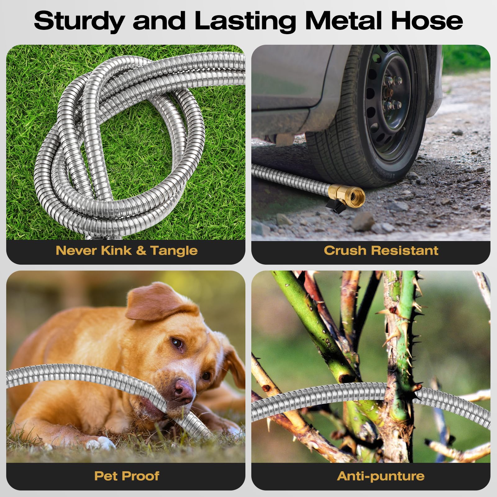 HODUP 25FT stainless steel garden hose laid flat on grass