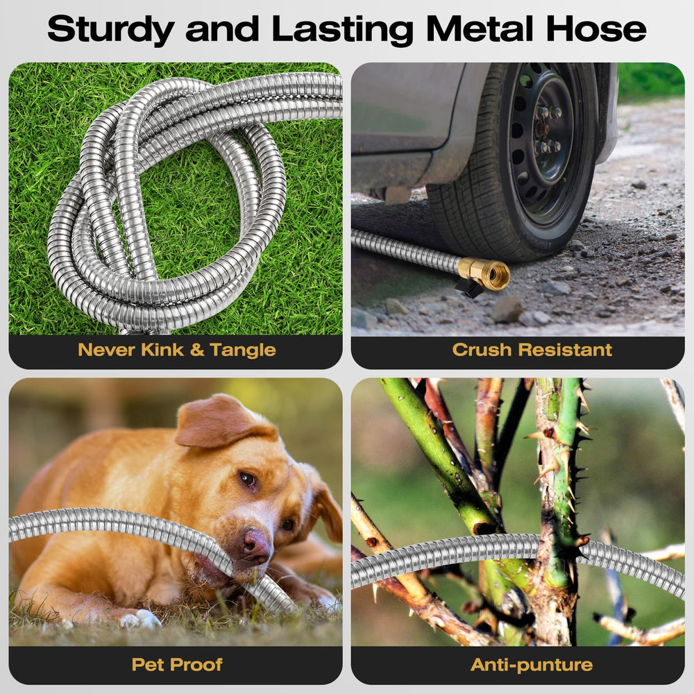 HODUP 25FT stainless steel garden hose laid flat on grass