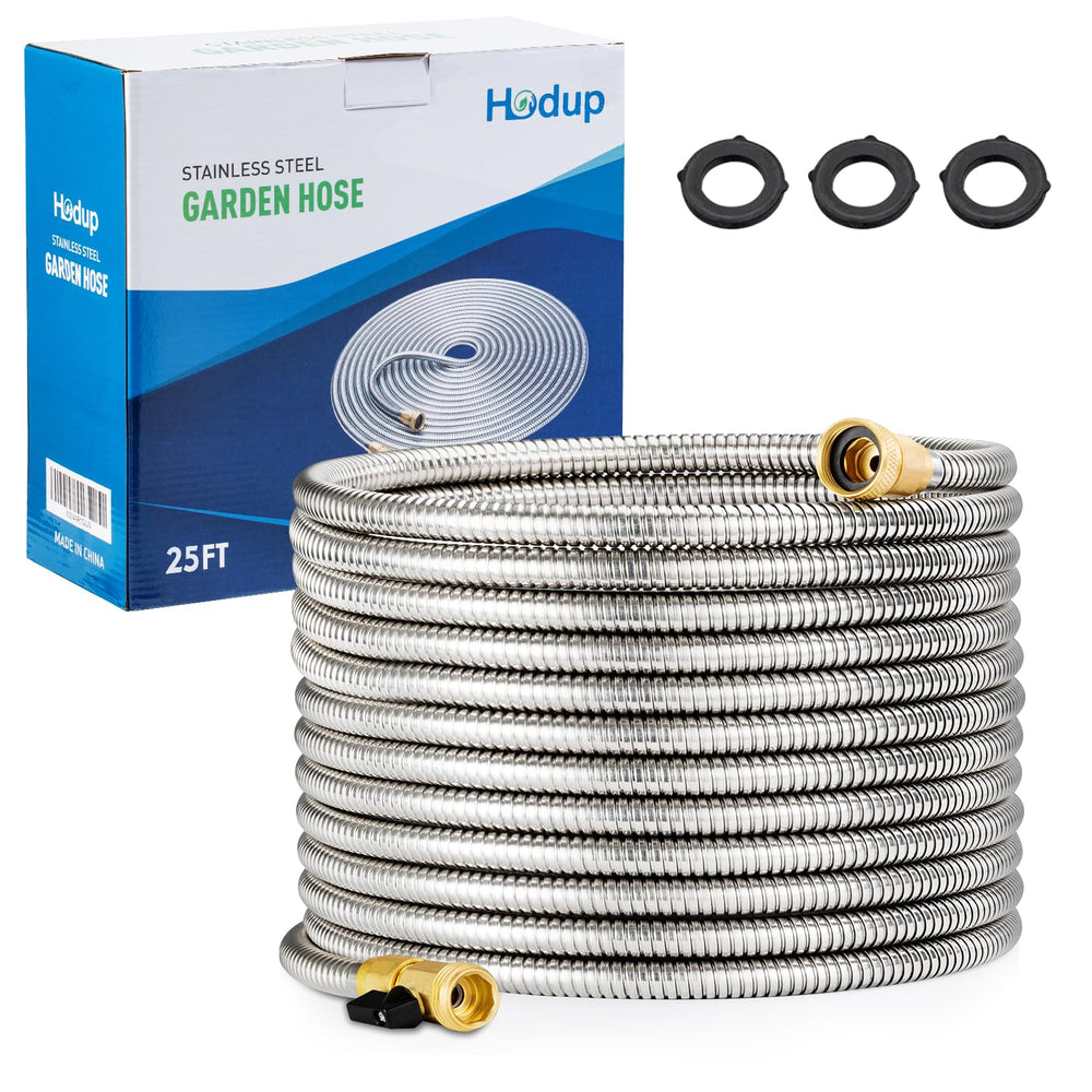 HODUP 25FT stainless steel garden hose, silver colour, coiled