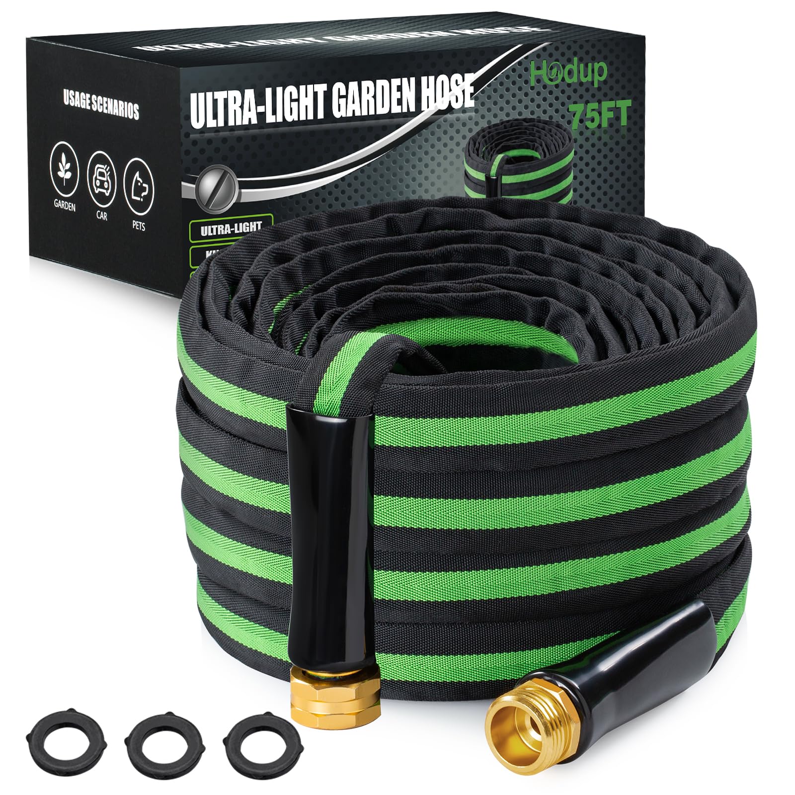 HODUP 75FT black-green garden water hose front view
