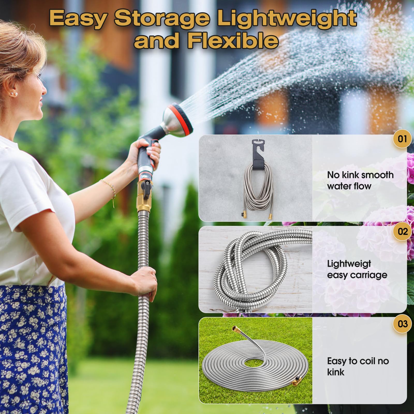 HODUP stainless steel garden hose attached to a watering nozzle