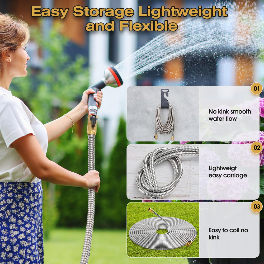 HODUP stainless steel garden hose attached to a watering nozzle