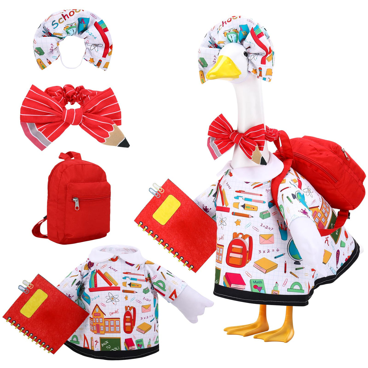 Hoemwarm Back to School Porch Goose Outfit front view with dress and accessories