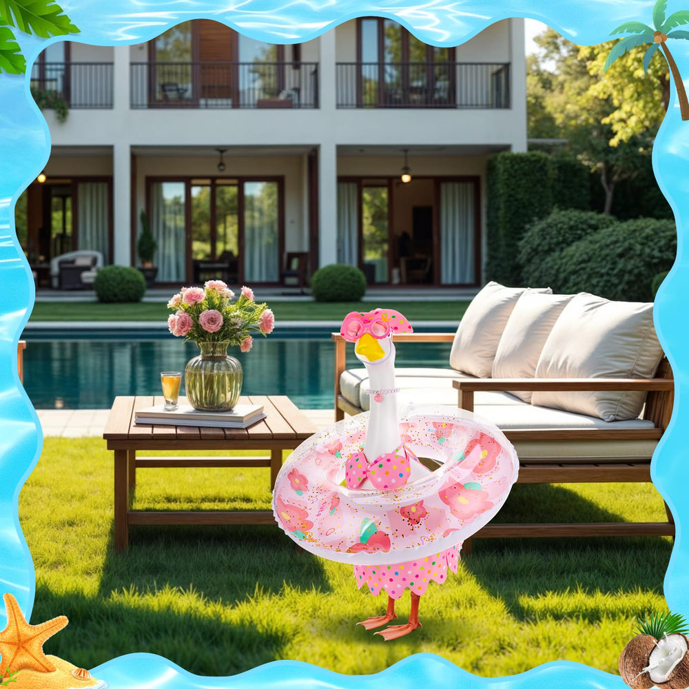 Hoemwarm Pink Bikini Goose Outfit displayed on a 23-inch garden statue