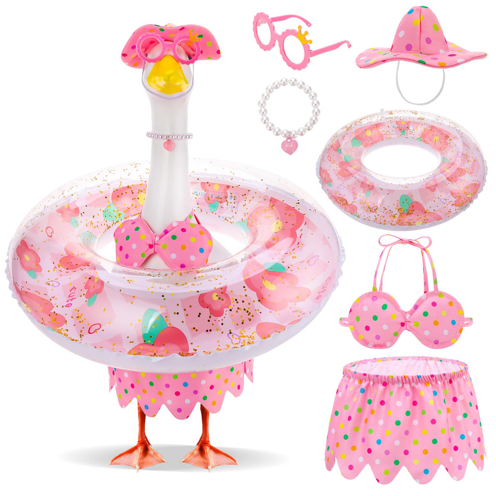 Hoemwarm Pink Bikini Goose Outfit set including hat, bikini, necklace, sunglasses, and swimming ring