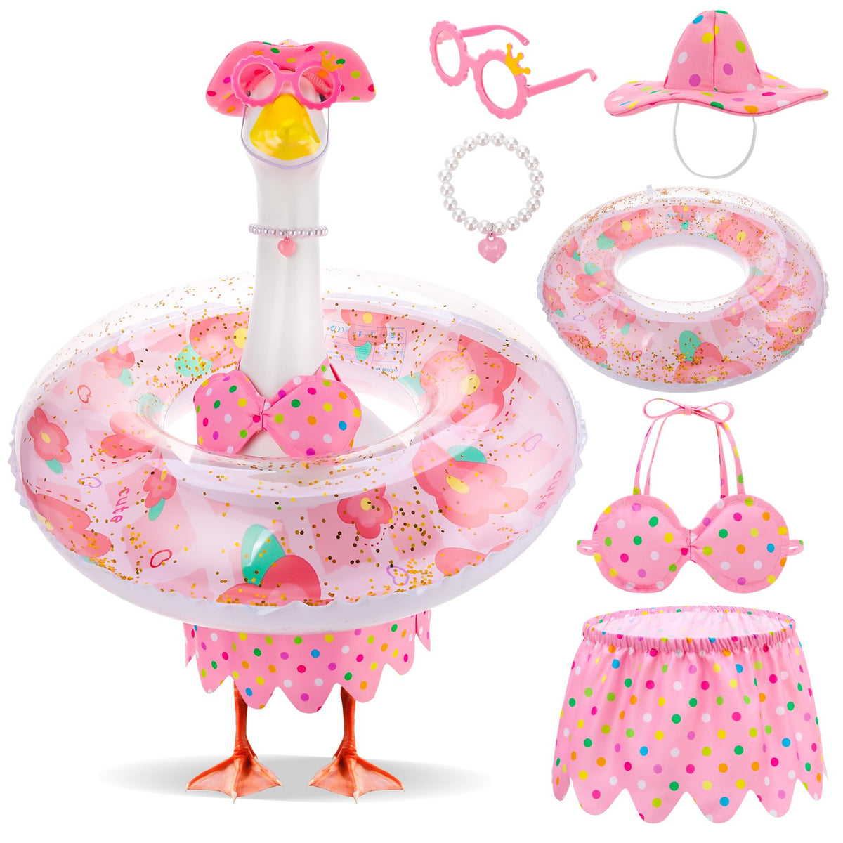 Hoemwarm Pink Bikini Goose Outfit set including hat, bikini, necklace, sunglasses, and swimming ring