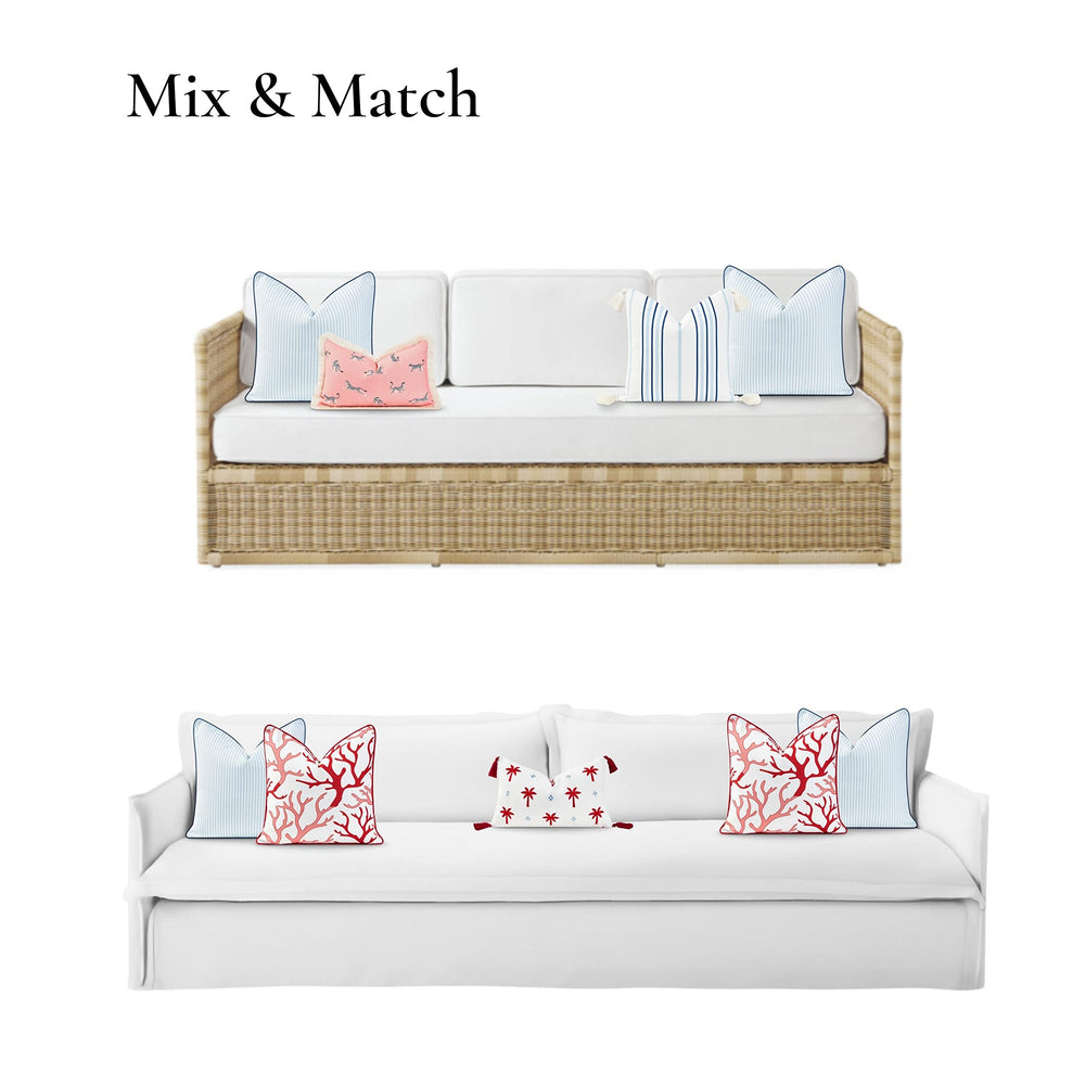 Hofdeco Premium Coastal Pillow Cover on a patio bench