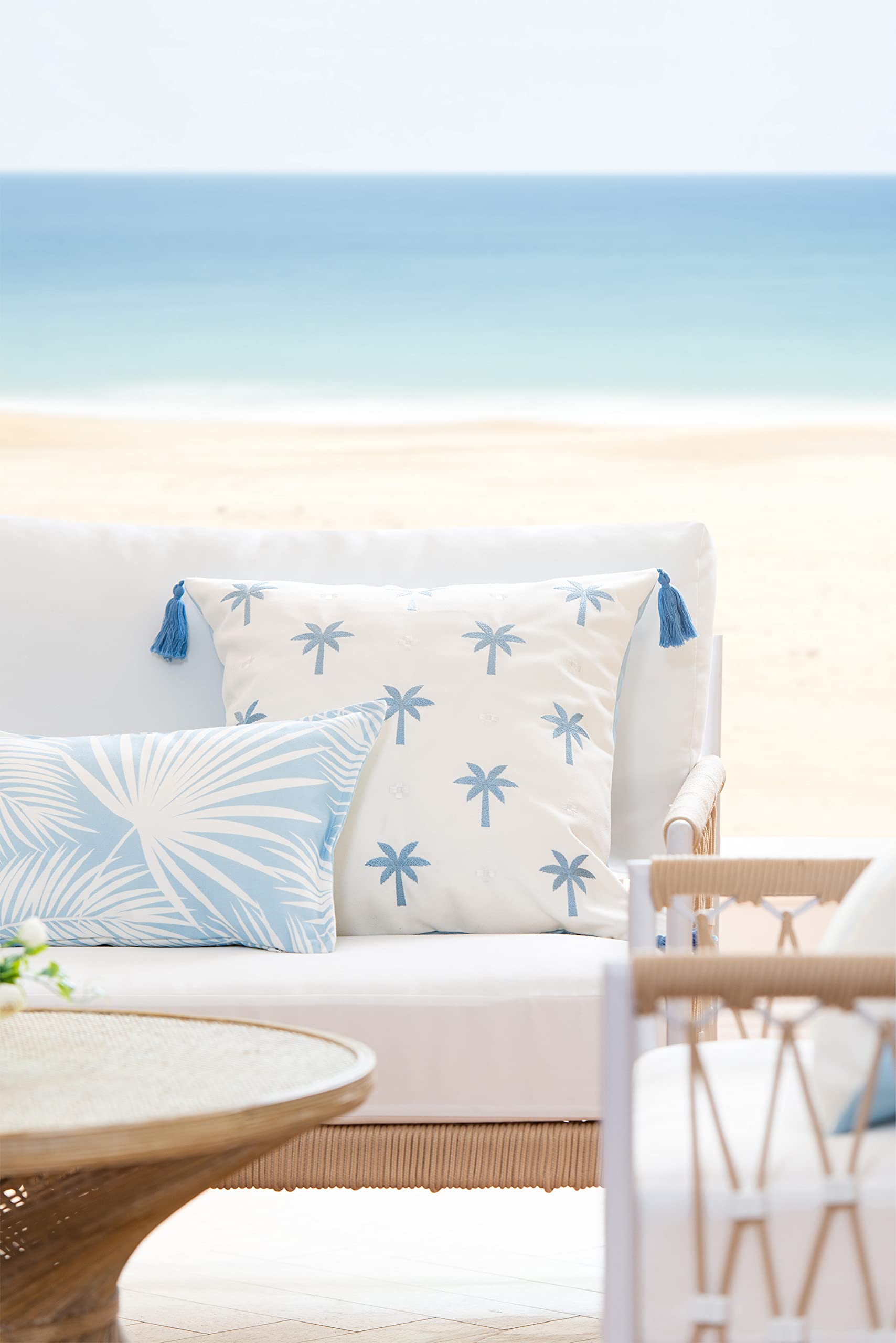 Hofdeco Premium Lumbar Pillow Cover 12x20 baby blue with palm leaf pattern back view