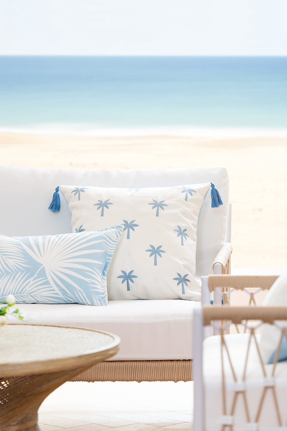 Hofdeco Premium Lumbar Pillow Cover 12x20 baby blue with palm leaf pattern back view