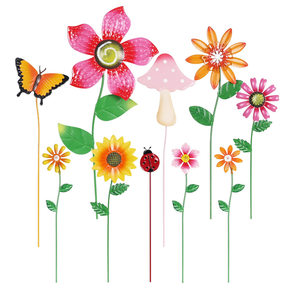 hogardeck Garden Decor set of 10 metal flower stakes with vibrant colours