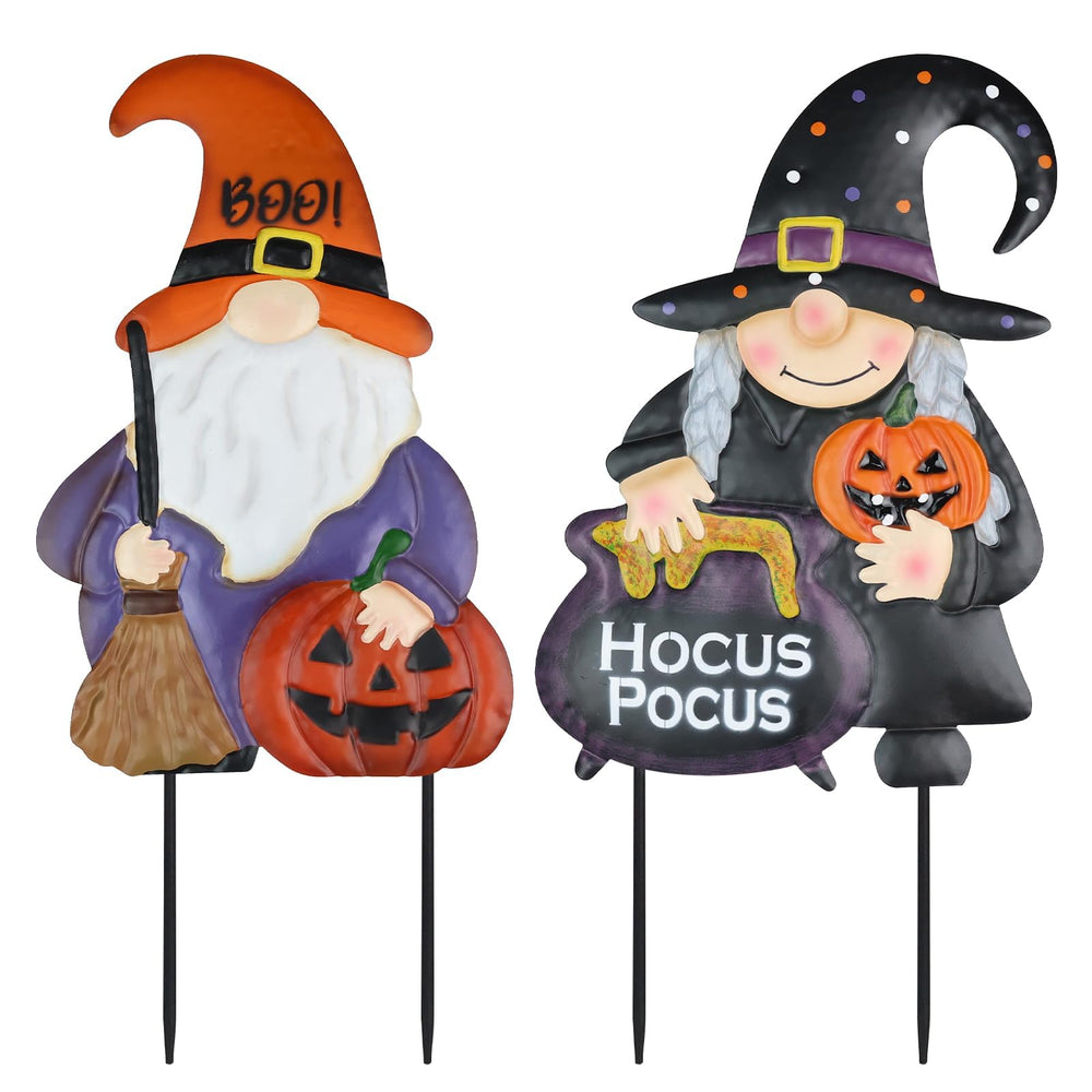 hogardeck Halloween Garden Stakes, male gnome with broom and pumpkin