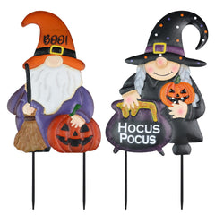 hogardeck Halloween Garden Stakes, male gnome with broom and pumpkin