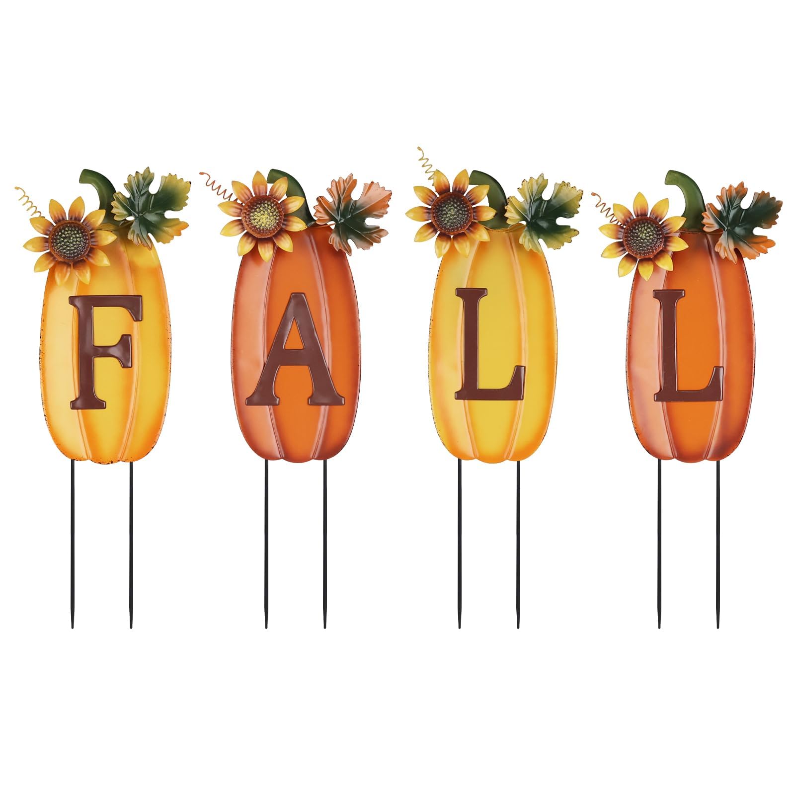 hogardeck metal pumpkin garden stake front view with sunflowers