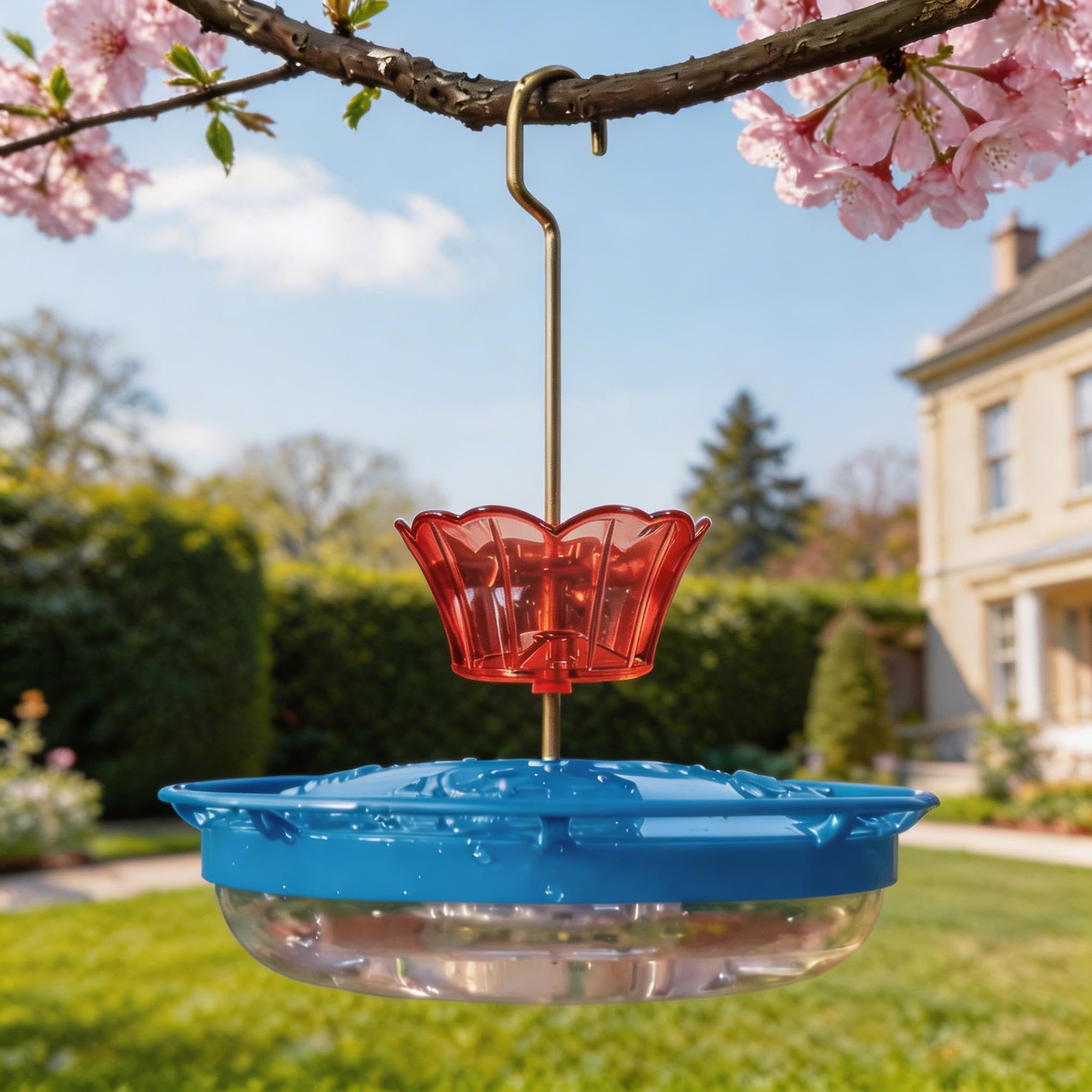 HOLAHOMA Ant Moat attached to a hummingbird feeder in a garden