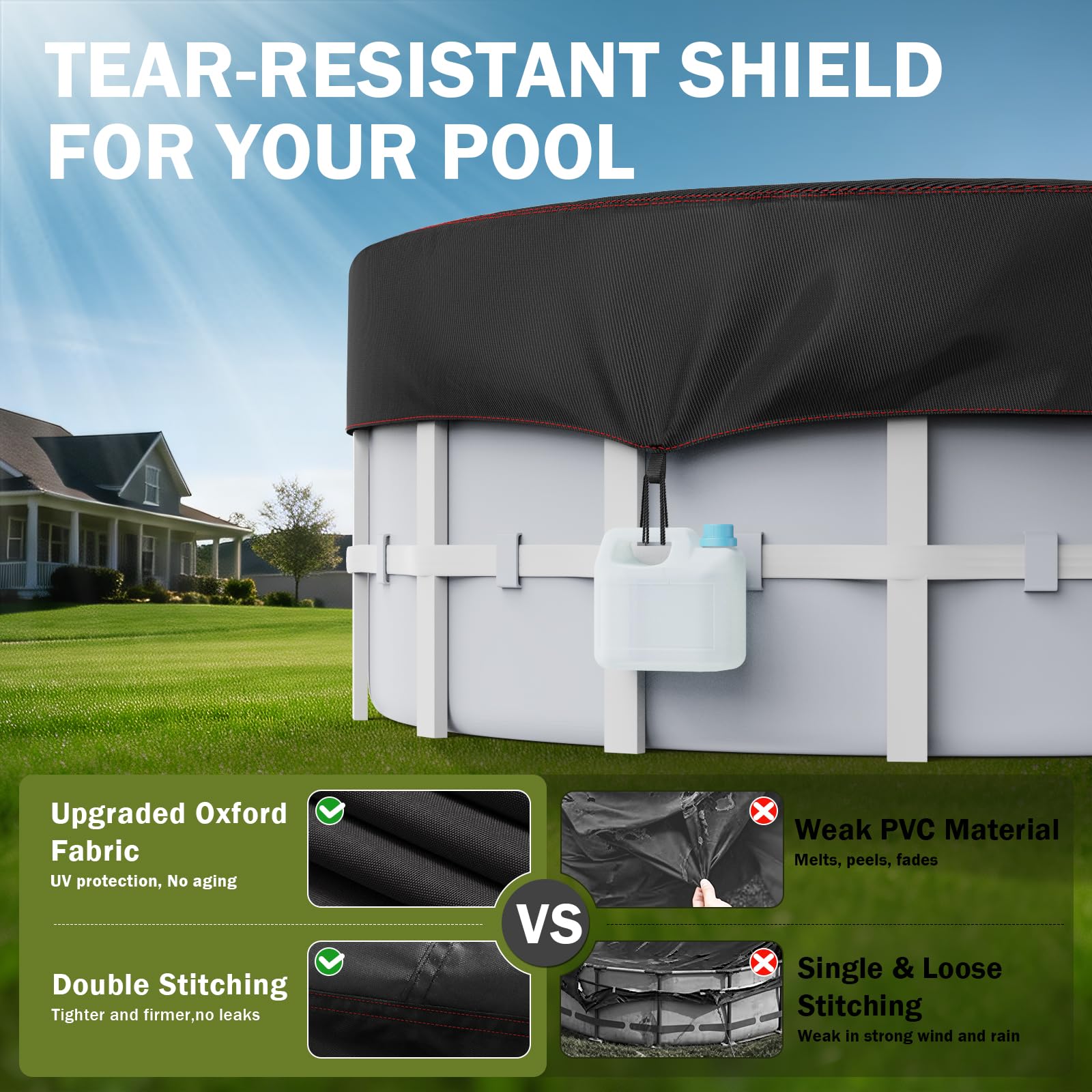 HOLDCOVER pool cover protecting a round above ground pool